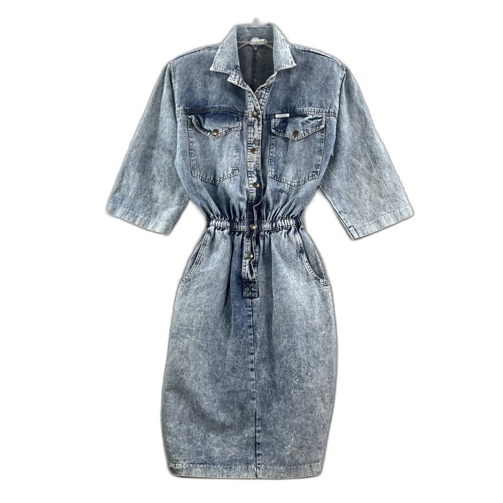Dream Denim Dress Womens Medium Blue Cotton Elastic Waist Quarter Sleeves Grunge